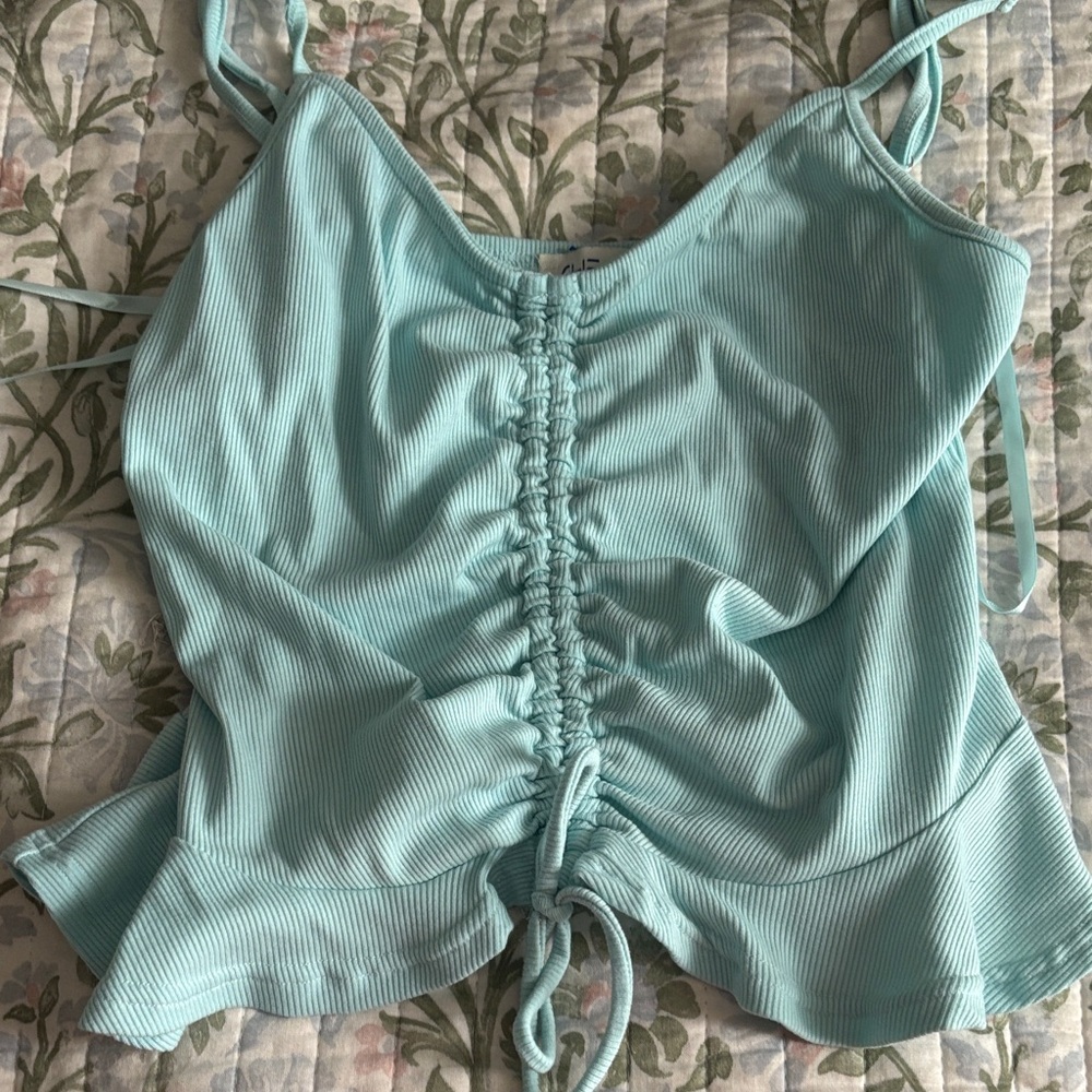 Light Aqua Ribbed Drawstring Cami Tank